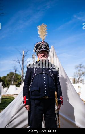 Patrick, French reenactor, poses at the replica of a camp during historical recreation of 'Los Sitios', the events that took place in Zaragoza, Spain, Stock Photo