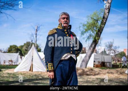 Oscar, Argentinian reenactor, poses as a general at the replica of a camp during historical recreation of 'Los Sitios', the events that took place in Stock Photo