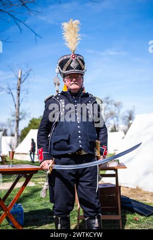 Patrick, French reenactor, poses at the replica of a camp during historical recreation of 'Los Sitios', the events that took place in Zaragoza, Spain, Stock Photo