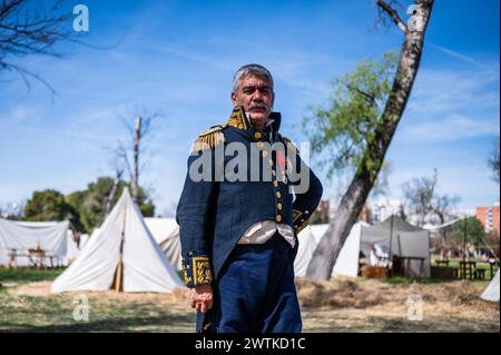 Oscar, Argentinian reenactor, poses as a general at the replica of a camp during historical recreation of 'Los Sitios', the events that took place in Stock Photo