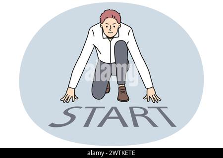 Motivated businessman get ready at start mark on road. Confident male employee prepare for business startup launch or project. Vector illustration. Stock Vector