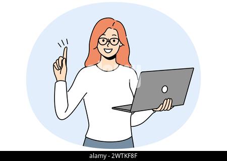 Smiling businesswoman with laptop in hands put finger in air excited about innovative idea. Happy woman employee generate business thought work on computer. Vector illustration. Stock Vector