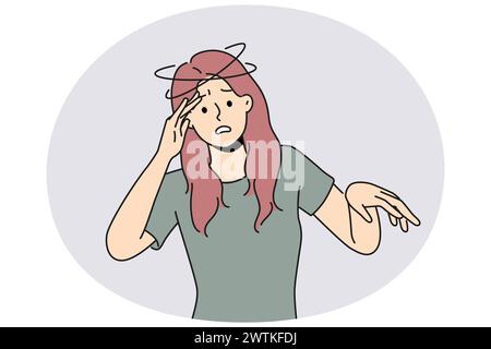 Unhealthy woman feeling dizzy. Stressed girl suffer from vertigo attack. Healthcare and health problems. Vector illustration. Stock Vector
