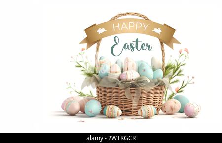 Happy Easter banner. Illustration of Easter bunny, beautiful painted eggs and chicks in wicker basket on pink background. Concept of Easter egg hunt Stock Photo