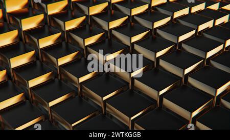 Detailed shot showing the texture and interlocking design of a metallic gold cubes mesh. 3d render Stock Photo