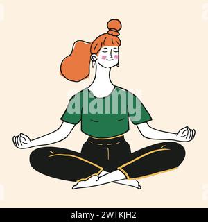 Young woman meditating. Redhead girl in bun sits cross-legged with her eyes closed, wears green shirt and black pants. Vector illustration for yoga Stock Vector