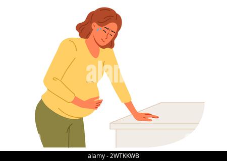 Pregnant woman holds stomach, for concept complications caused by fetal development disorders Stock Vector