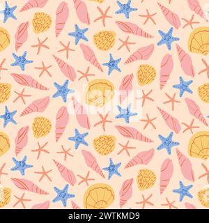 Sea clams, sea shells and starfish seamless pattern on pink background. Stock Vector