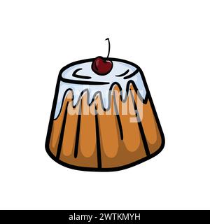 Cupcake with frosting and cherries. Bright vector doodle illustration isolated on white background. Stock Vector