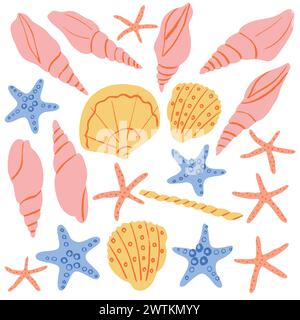Sea mollusks, sea shells and starfish set. A collection of underwater world inhabitants for children's room. Vector Illustration collection Stock Vector