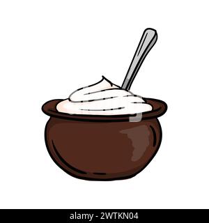 Clay jug with sour cream. Bright vector hand drawn illustration isolated on white background. Stock Vector
