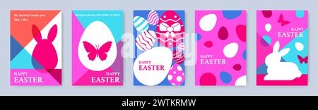 Easter eggs posters. Cute bunny abstract greeting card design. Egg with geometrical pattern. Spring holiday background. Bright colors. Party invitation. Vector cartoon flat style isolated illustration Stock Vector