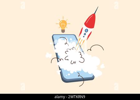 Mobile phone with rocket launch, metaphor for new startup with application for smartphone users Stock Vector
