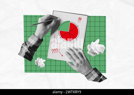 Composite photo collage of hands hold pencil notepad chart diagram arrow down exclamation question mark isolated on painted background Stock Photo