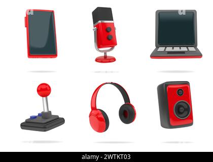 3d game icons. Phone computer technology, gadgets like laptop smartphone and headphones. Microphone and joystick. Electronic devices, audio entertainment. Vector render red and black isolated set Stock Vector