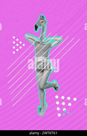 Sketch image composite trend artwork 3D photo collage of abstract headless lady flamingo bird head instead model pose hold hand at face Stock Photo