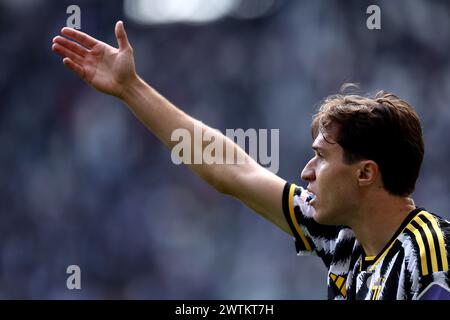 Federico Chiesa of Juventus Fc  gestures during the Serie A football match beetween Juventus Fc and Genoa Cfc at Allianz Stadium on March 17, 2024 in Turin, Italy . Stock Photo