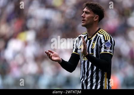 Dusan Vlahovic of Juventus Fc  gestures during the Serie A football match beetween Juventus Fc and Genoa Cfc at Allianz Stadium on March 17, 2024 in Turin, Italy . Stock Photo