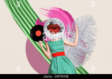 Collage artwork graphics picture of funky lady disco ball instead head enjoying pin up party isolated painting background Stock Photo