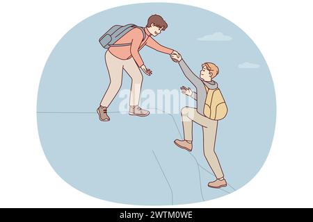 Men climbers with backpacks climb high mountain helping each other overcome difficult sections of rock. Guy extends hand to comrade who is having difficulty conquering new peaks. Flat vector design Stock Vector