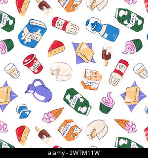 Milk dairy product cartoon seamless pattern. Wallpaper design with ice cream, cupcake, cheese, butter. Vector illustration on a white background. Stock Vector