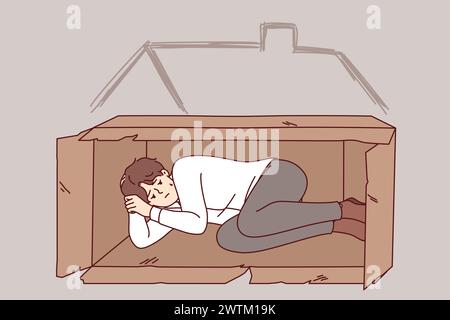 Homeless man sleeps in box on street after being fired from job due to labor market crisis. Homeless guy needs help from charity or shelter to solve temporary difficulties that cause poverty Stock Vector