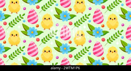 Cute floral Easter pattern with yellow chickens and colored eggs. The cheerful Easter design for background, digital paper, wallpaper, fabric. Seamles Stock Vector