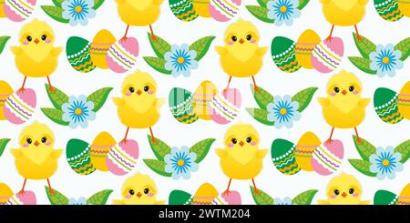 Seamless Easter pattern with spring flowers, cute chickens, painted eggs. The cheerful Easter design for background, digital paper, wallpaper, fabric. Stock Vector