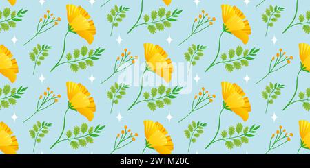 Yellow spring flowers on a blue background. Floral template with golden California poppy. The cheerful floral design for background, digital paper, wa Stock Vector