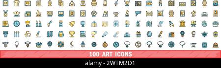 100 art icons set. Color line set of art vector icons thin line color flat on white Stock Vector