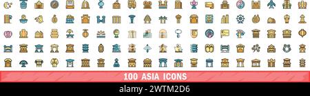 100 asia icons set. Color line set of asia vector icons thin line color flat on white Stock Vector