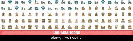 100 asia icons set. Color line set of asia vector icons thin line color flat on white Stock Vector