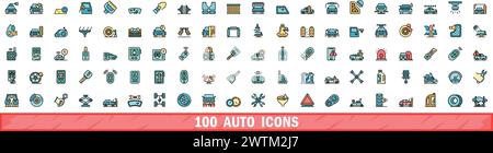 100 auto icons set. Color line set of auto vector icons thin line color flat on white Stock Vector