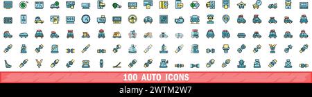 100 auto icons set. Color line set of auto vector icons thin line color flat on white Stock Vector