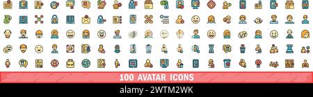 100 avatar icons set. Color line set of avatar vector icons thin line color flat on white Stock Vector