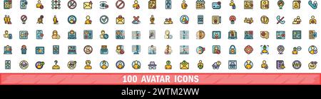 100 avatar icons set. Color line set of avatar vector icons thin line color flat on white Stock Vector