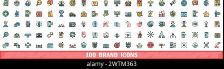 100 brand icons set. Color line set of brand vector icons thin line color flat on white Stock Vector