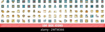 100 box icons set. Color line set of box vector icons thin line color flat on white Stock Vector