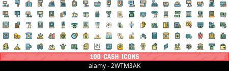 100 cash icons set. Color line set of cash vector icons thin line color flat on white Stock Vector