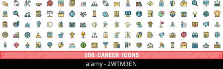 100 career icons set. Color line set of career vector icons thin line color flat on white Stock Vector