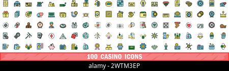 100 casino icons set. Color line set of casino vector icons thin line color flat on white Stock Vector