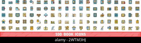 100 book icons set. Color line set of book vector icons thin line color flat on white Stock Vector