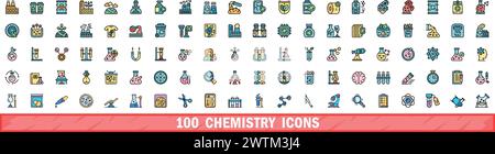100 chemistry icons set. Color line set of chemistry vector icons thin line color flat on white Stock Vector