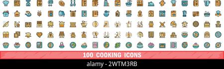 100 cooking icons set. Color line set of cooking vector icons thin line color flat on white Stock Vector