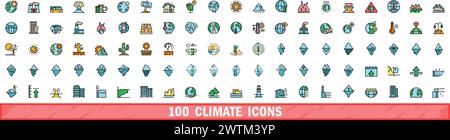 100 climate icons set. Color line set of climate vector icons thin line color flat on white Stock Vector