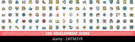 100 development icons set. Color line set of development vector icons thin line color flat on white Stock Vector