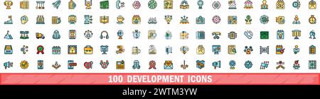 100 development icons set. Color line set of development vector icons thin line color flat on white Stock Vector