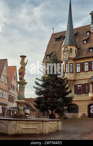 Winter Festivities in Bitigheim-Bissingen: Charming Half-Timbered Houses Adorned with Christmas Decorations. New Year's atmosphere of Bitigheim Stock Photo