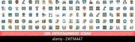 100 entertainment icons set. Color line set of entertainment vector icons thin line color flat on white Stock Vector