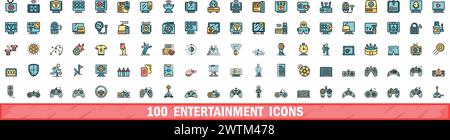 100 entertainment icons set. Color line set of entertainment vector icons thin line color flat on white Stock Vector